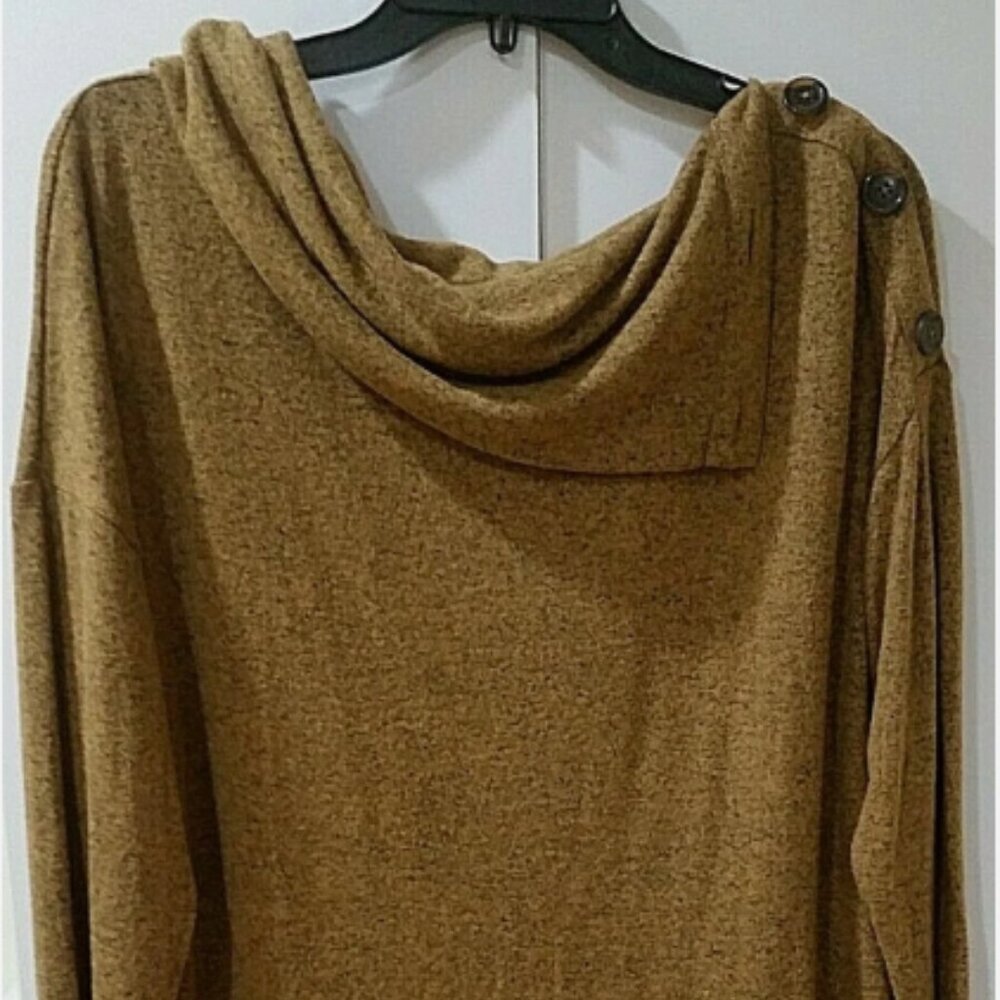MAURICES Mustard & Black Tweed Cowl Neck Button Collar Rayon Sweater SZ Med- 44"
